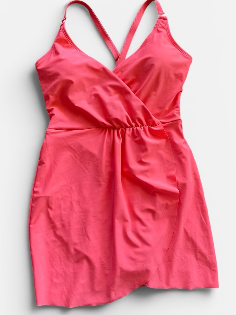 Tahari Bright Pink/Coral Wrap One-Piece Swimdress.
Label Large/Fits like Medium.